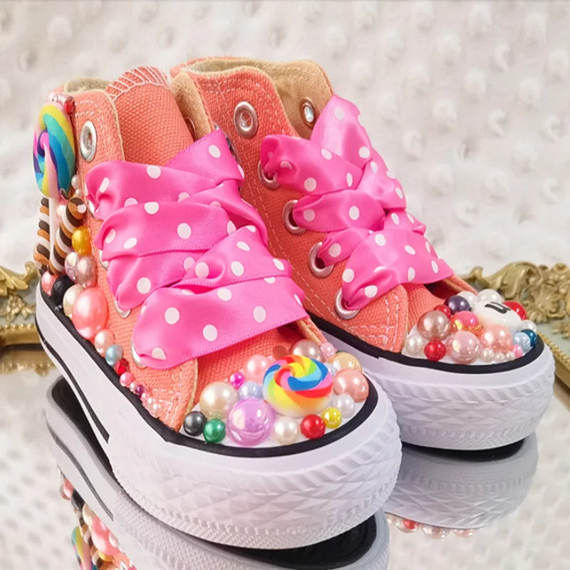 Lollipop Rainbow Candy Canvas Kids Pearls Sneakers For Girls